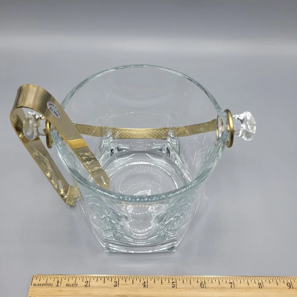 Vintage Shiah Yih Heavy Clear Glass Ice Bucket Gold Tone Tongs and Handle Taiwan